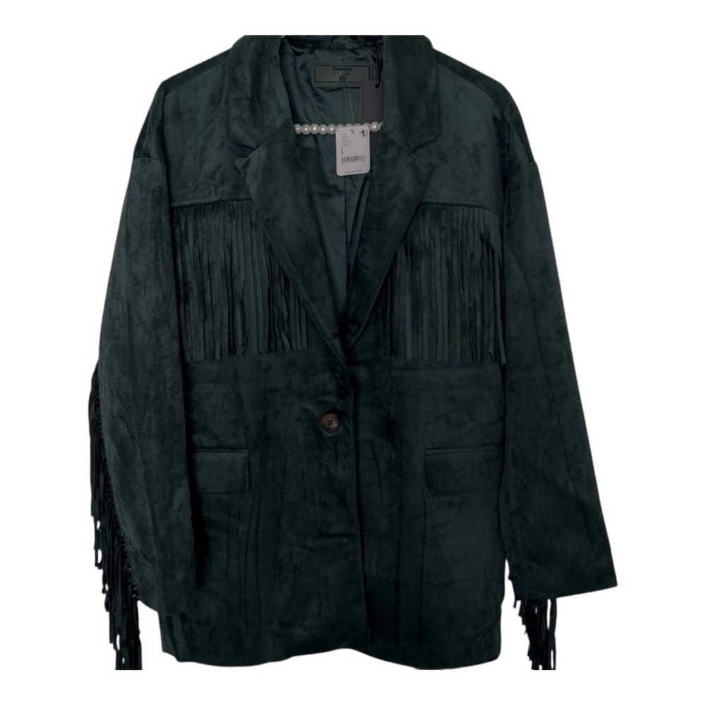 BLANK NYC Deep Dive Faux Suede Fringe Blazer Jacket Dark Teal Green Small New - Picture 7 of 8